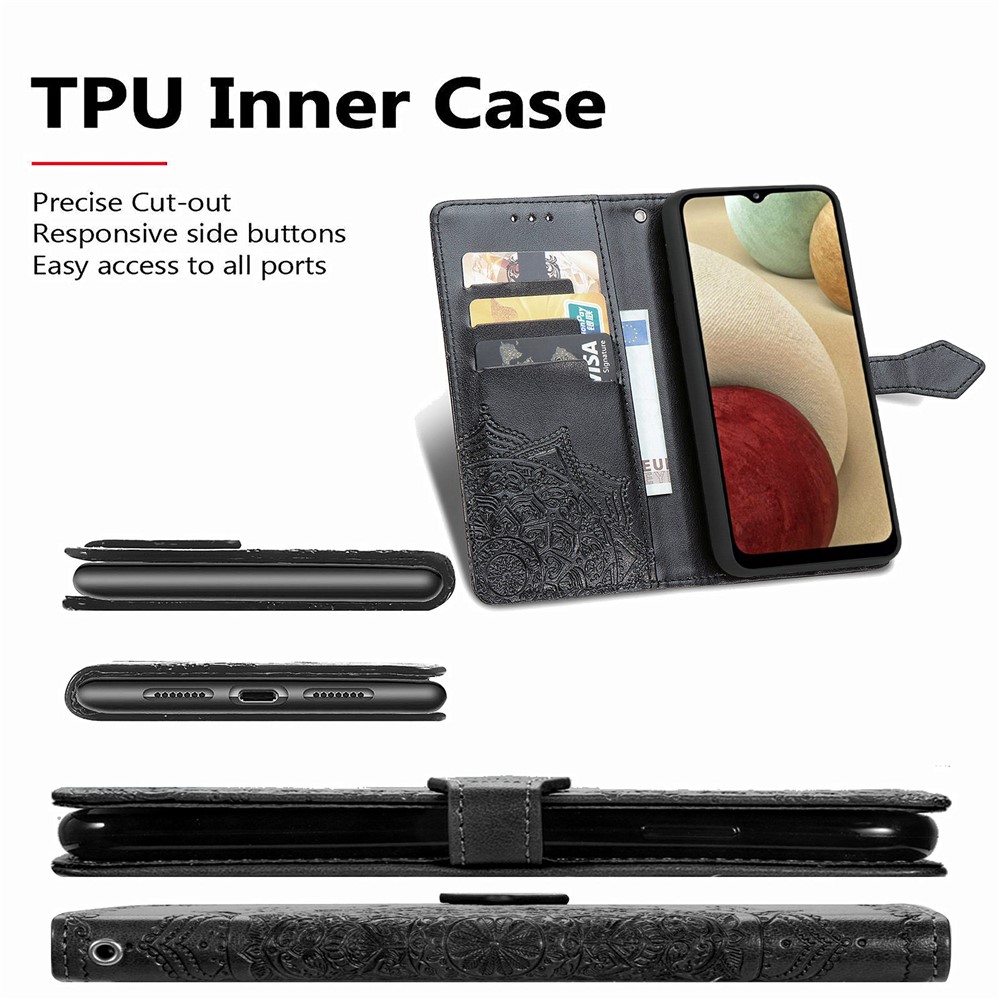 Embossed Mandala Flower PU Leather Case Wallet for Samsung Galaxy A12 - Black-9