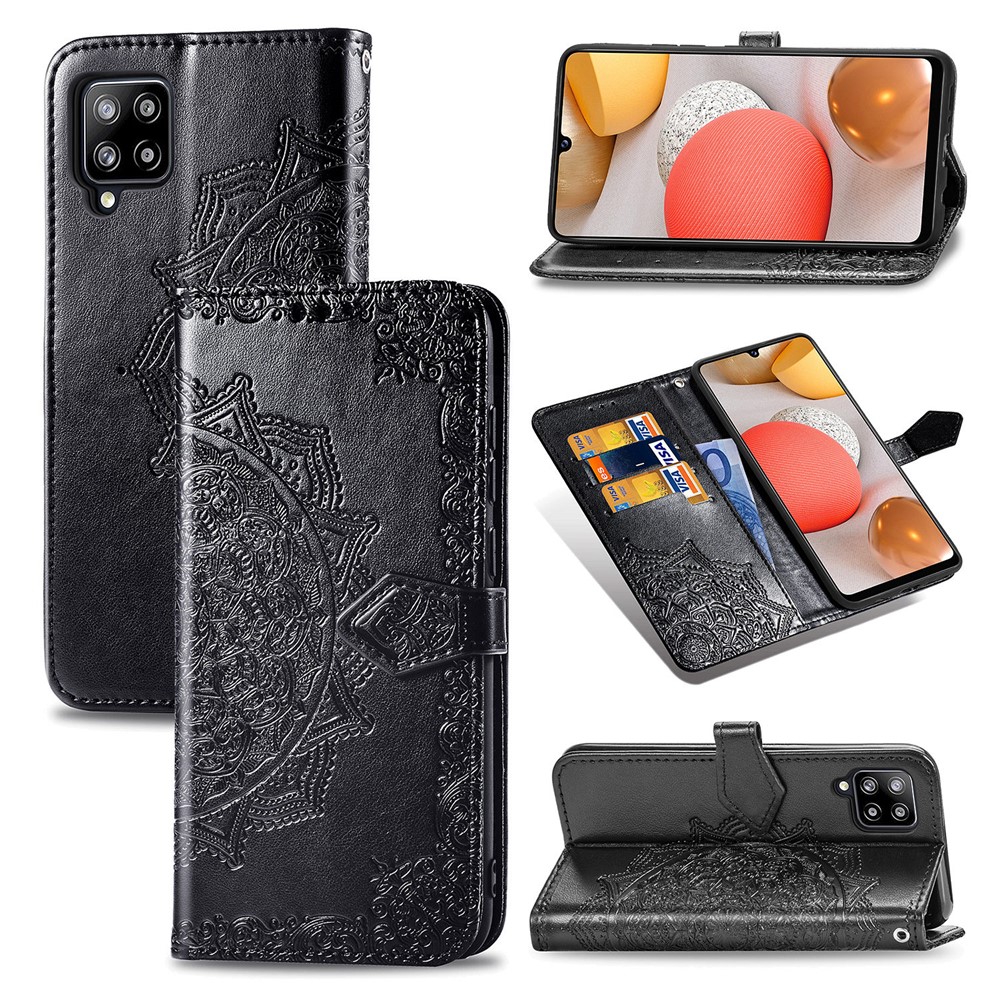 Embossed Mandala Flower PU Leather Wallet Shell Case for Samsung Galaxy A42 5G - Black-1