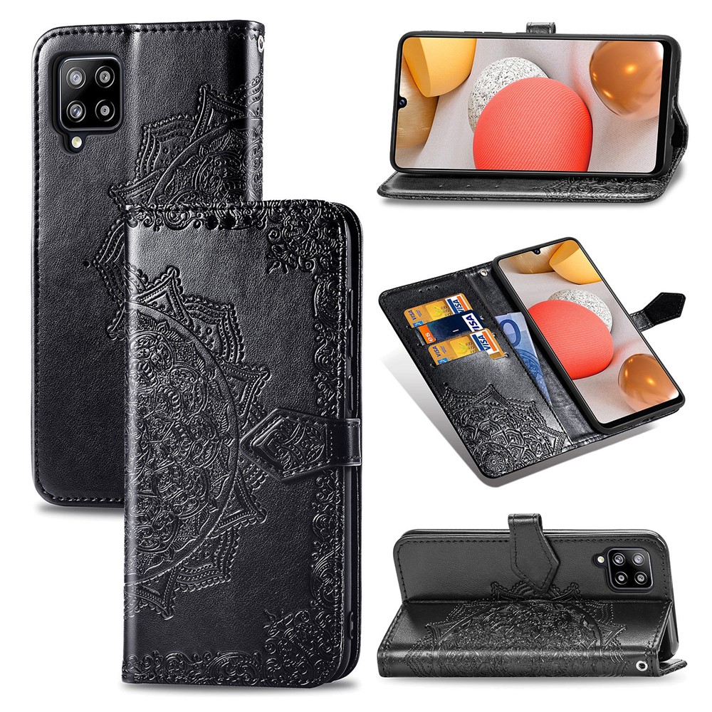 Custodia da Portafoglio in Pelle Mandala in Rilievo Per Samsung Galaxy A42 5G - Nero