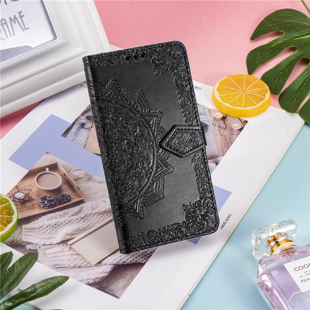 Custodia da Portafoglio in Pelle Mandala in Rilievo Per Samsung Galaxy A42 5G - Nero