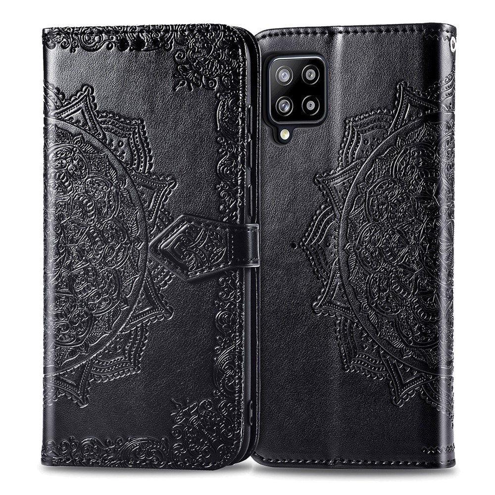 Custodia da Portafoglio in Pelle Mandala in Rilievo Per Samsung Galaxy A42 5G - Nero