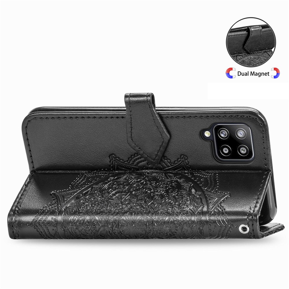 Custodia da Portafoglio in Pelle Mandala in Rilievo Per Samsung Galaxy A42 5G - Nero