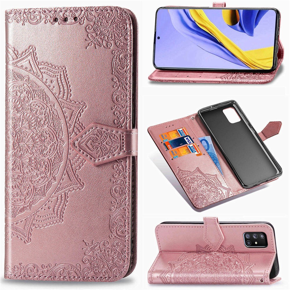 Embossed Mandala Flower PU Leather Case Wallet for Samsung Galaxy A51 5G SM-A516 - Rose Gold