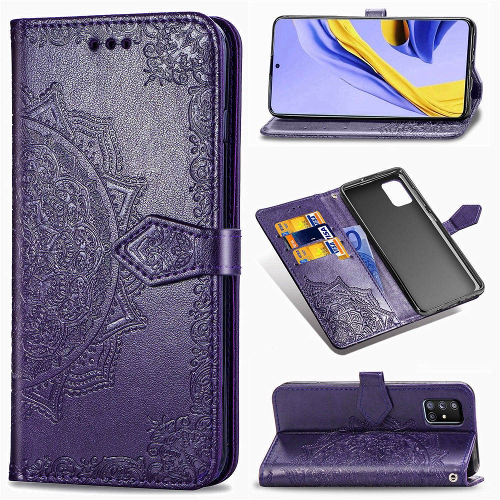 Embossed Mandala Flower PU Leather Case Wallet for Samsung Galaxy A51 5G SM-A516 - Purple