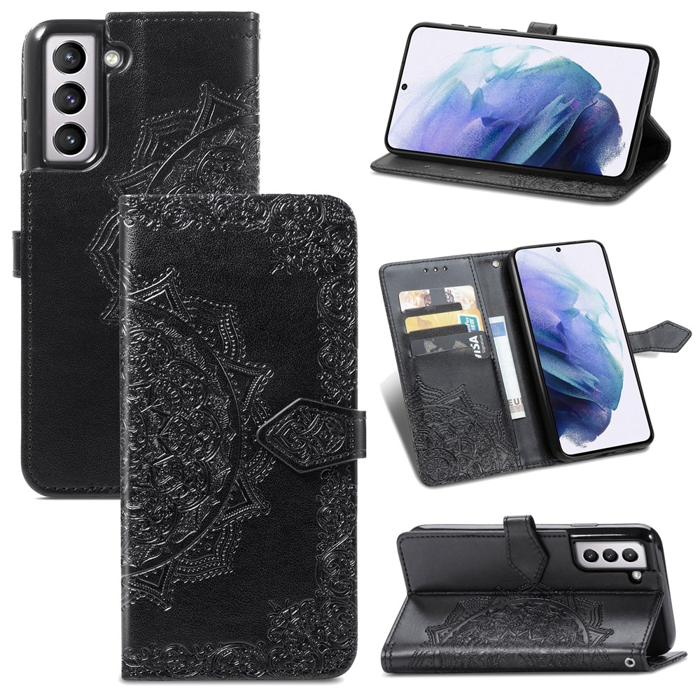 Embossed Mandala Flower PU Leather Wallet Cover for Samsung Galaxy S21+ 5G - Black-1