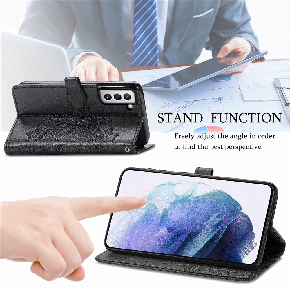 Embossed Mandala Flower PU Leather Wallet Cover for Samsung Galaxy S21+ 5G - Black-10