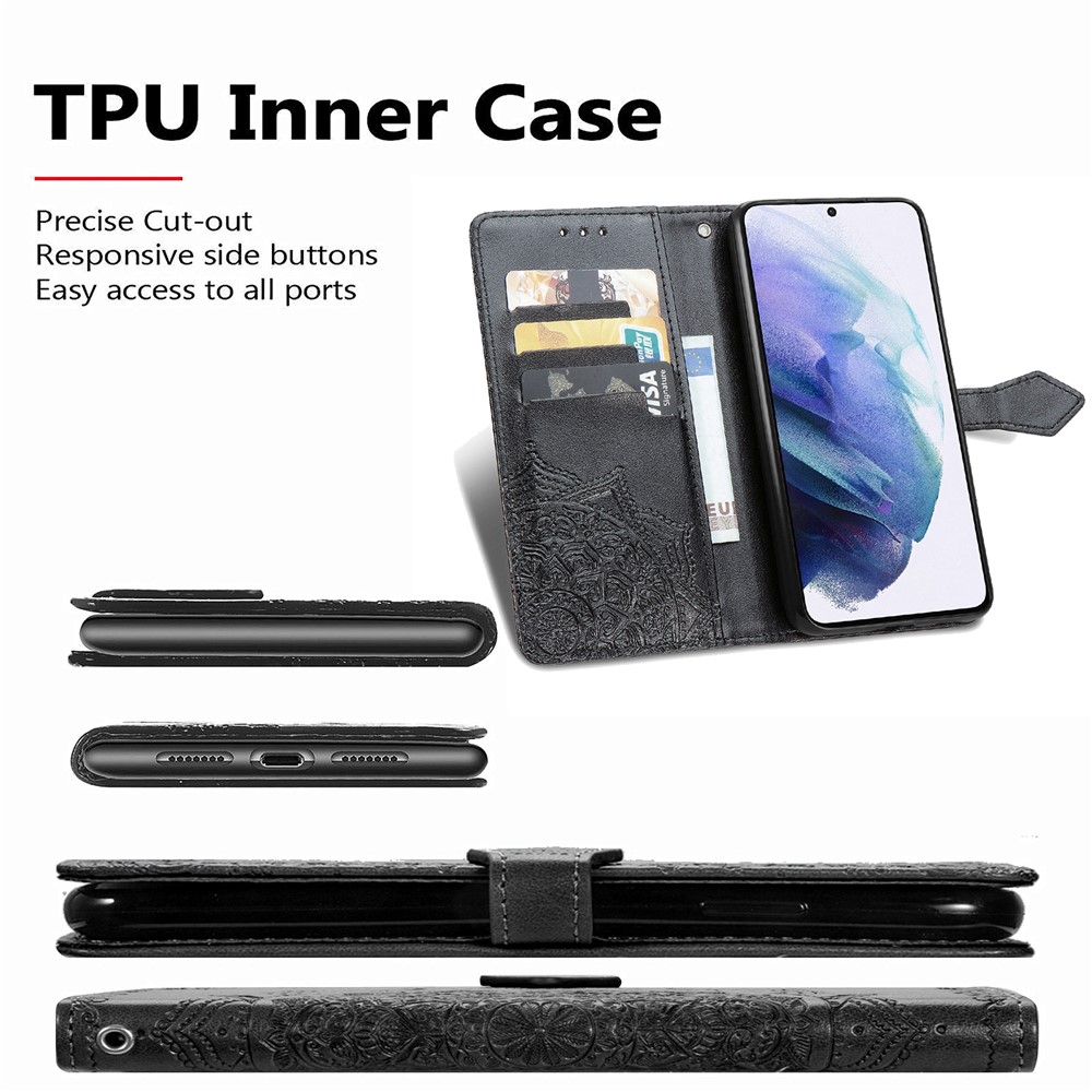 Embossed Mandala Flower PU Leather Wallet Cover for Samsung Galaxy S21+ 5G - Black-11