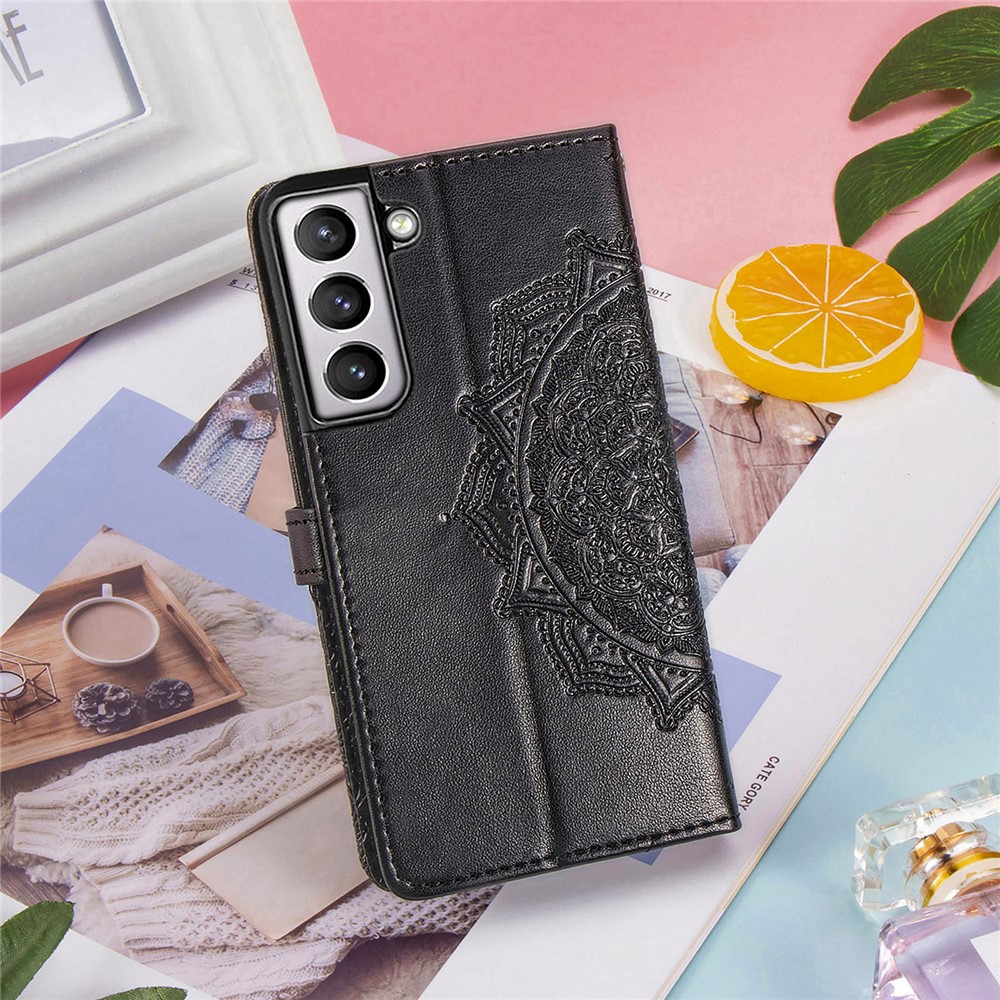 Embossed Mandala Flower PU Leather Wallet Cover for Samsung Galaxy S21+ 5G - Black-16