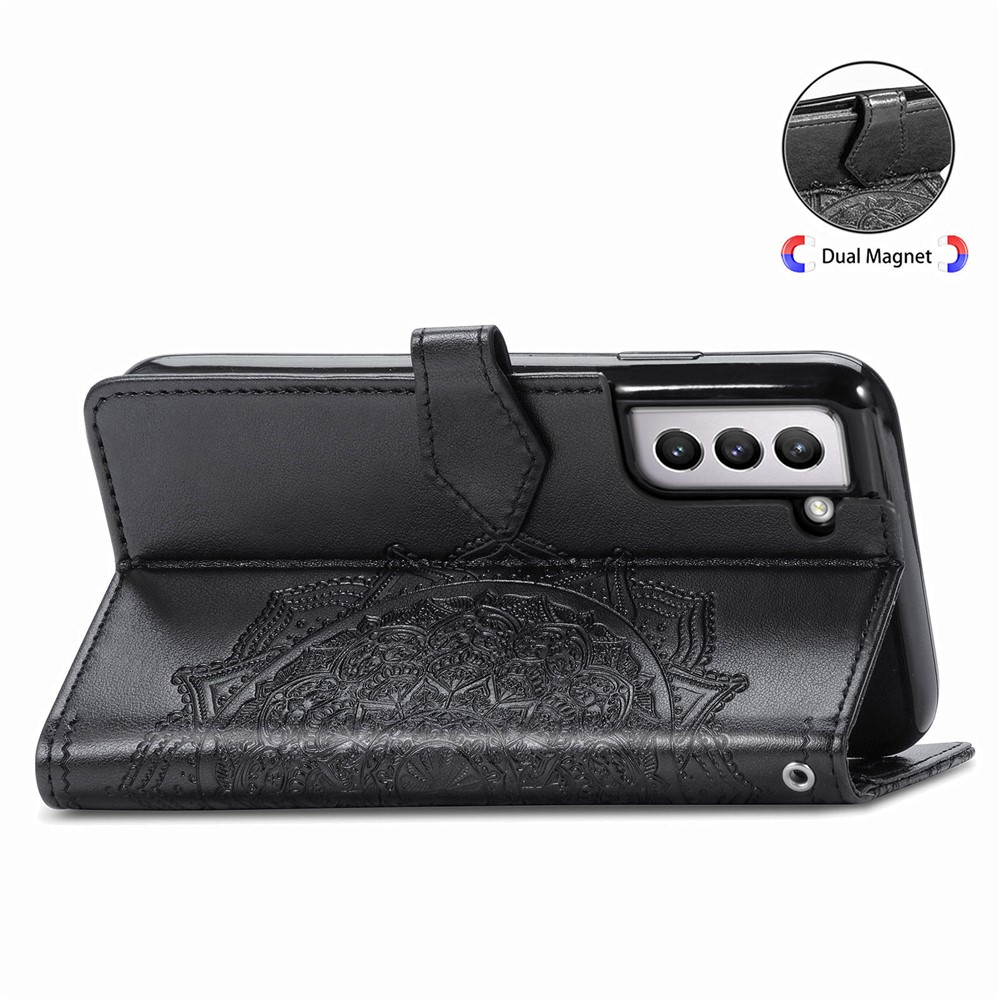 Embossed Mandala Flower PU Leather Wallet Cover for Samsung Galaxy S21+ 5G - Black-7