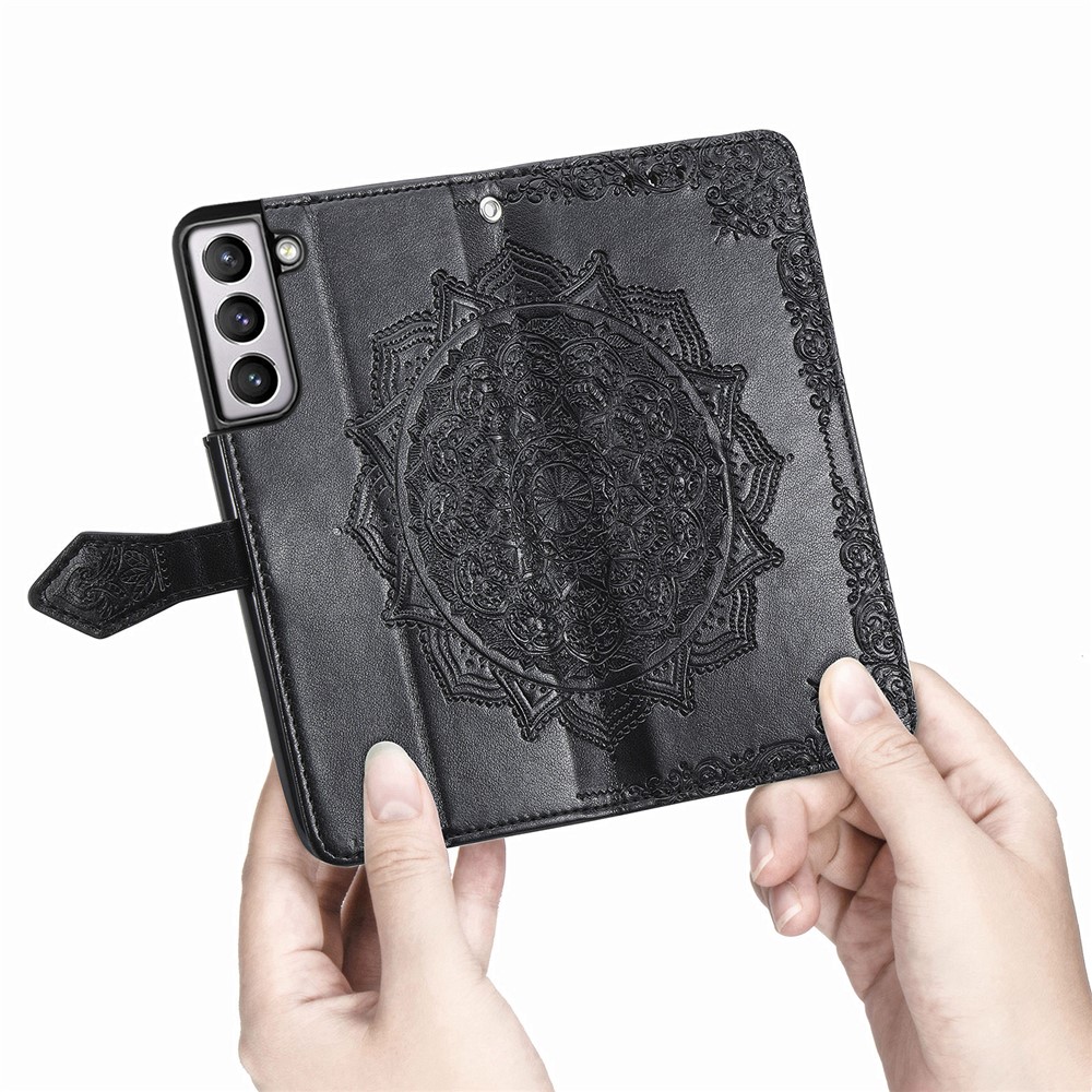 Embossed Mandala Flower PU Leather Wallet Cover for Samsung Galaxy S21+ 5G - Black-9