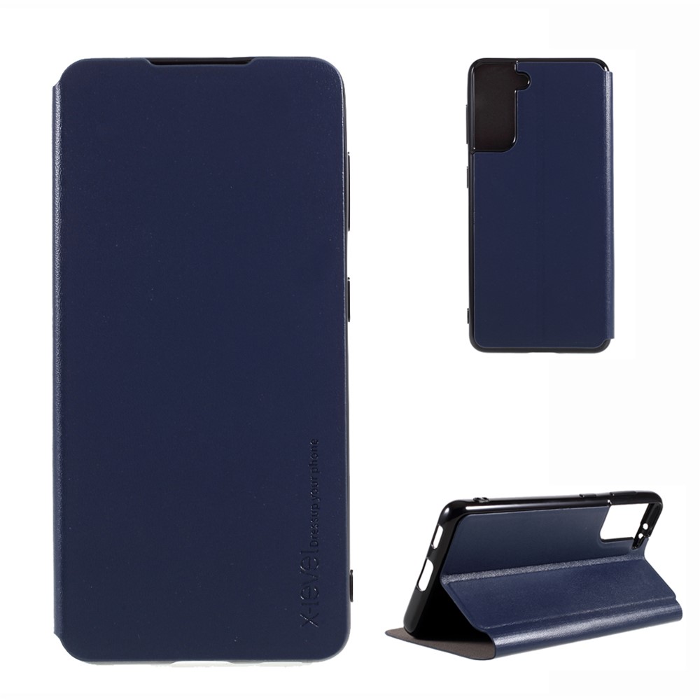 X-LEVEL Fib Color Ultra Thin PU Leather Phone Stand Case for Samsung Galaxy S21 5G - Dark Blue-1