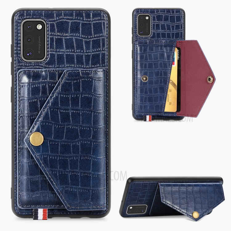 Crocodile Texture Card Holder Stand PU Leather Coated TPU Cover for Samsung Galaxy A41 (Global Version) - Blue-1