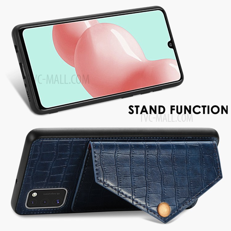 Crocodile Texture Card Holder Stand PU Leather Coated TPU Cover for Samsung Galaxy A41 (Global Version) - Blue-7