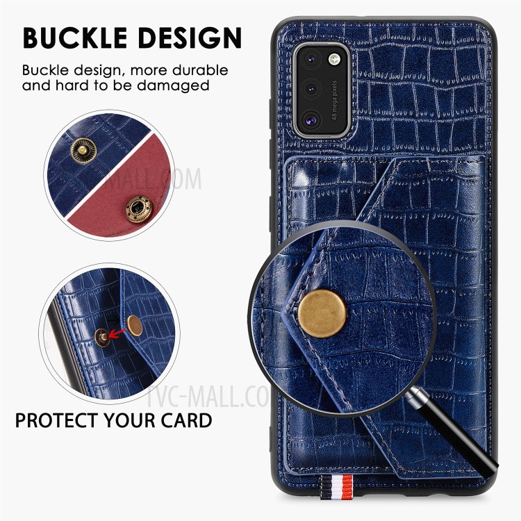 Crocodile Texture Card Holder Stand PU Leather Coated TPU Cover for Samsung Galaxy A41 (Global Version) - Blue-8