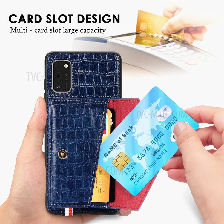 Crocodile Texture Card Holder Stand PU Leather Coated TPU Cover for Samsung Galaxy A41 (Global Version) - Blue-9