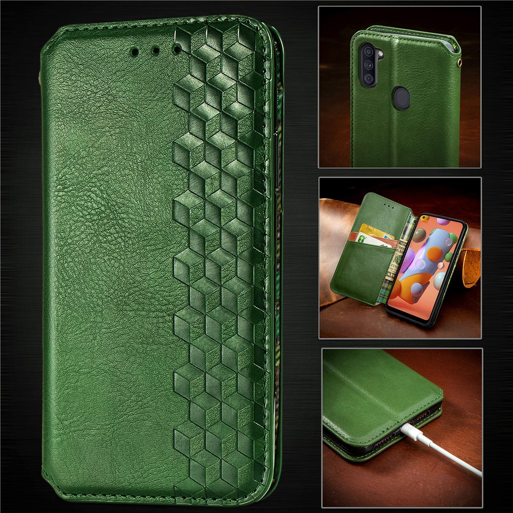 Fashionable Auto-absorbed Rhombus Texture PU Leather Wallet Phone Cover for Samsung Galaxy A11/M11 (EU Version) - Green-16