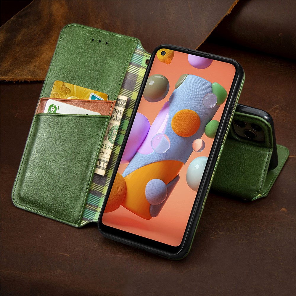 Fashionable Auto-absorbed Rhombus Texture PU Leather Wallet Phone Cover for Samsung Galaxy A11/M11 (EU Version) - Green-21