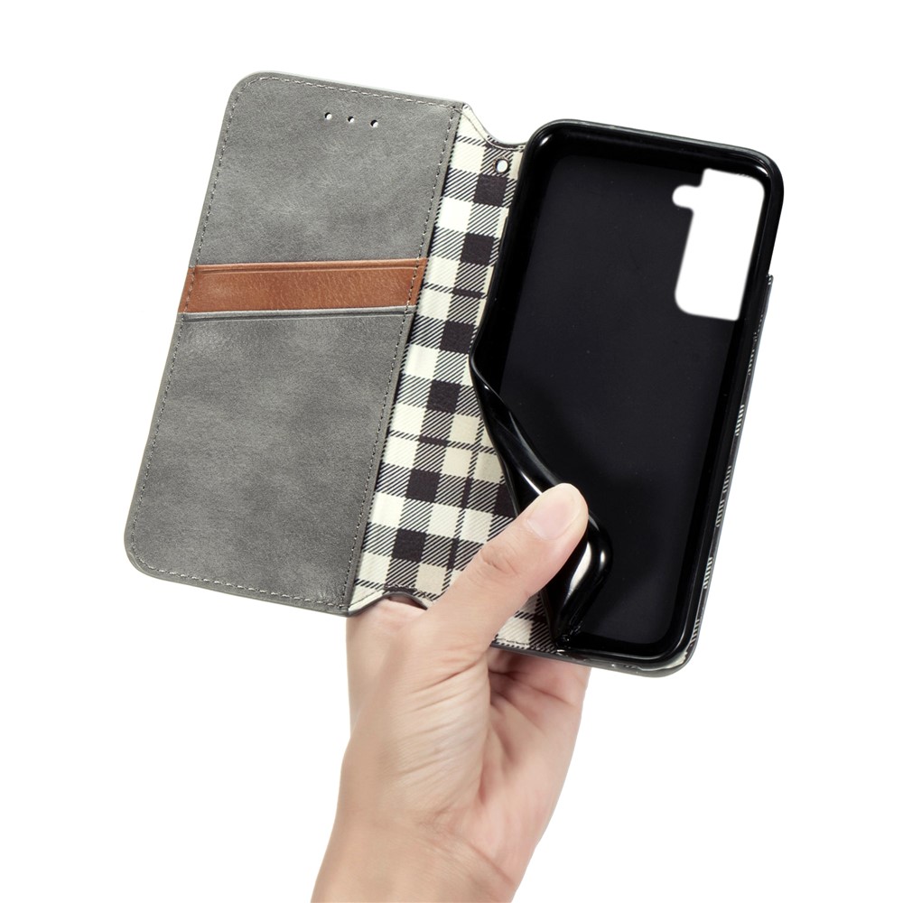 Fashionable Auto-absorbed Rhombus Texture PU Leather Wallet Phone Cover for Samsung Galaxy S21 5G - Grey-12
