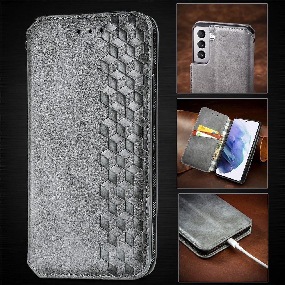 Fashionable Auto-absorbed Rhombus Texture PU Leather Wallet Phone Cover for Samsung Galaxy S21 5G - Grey-13