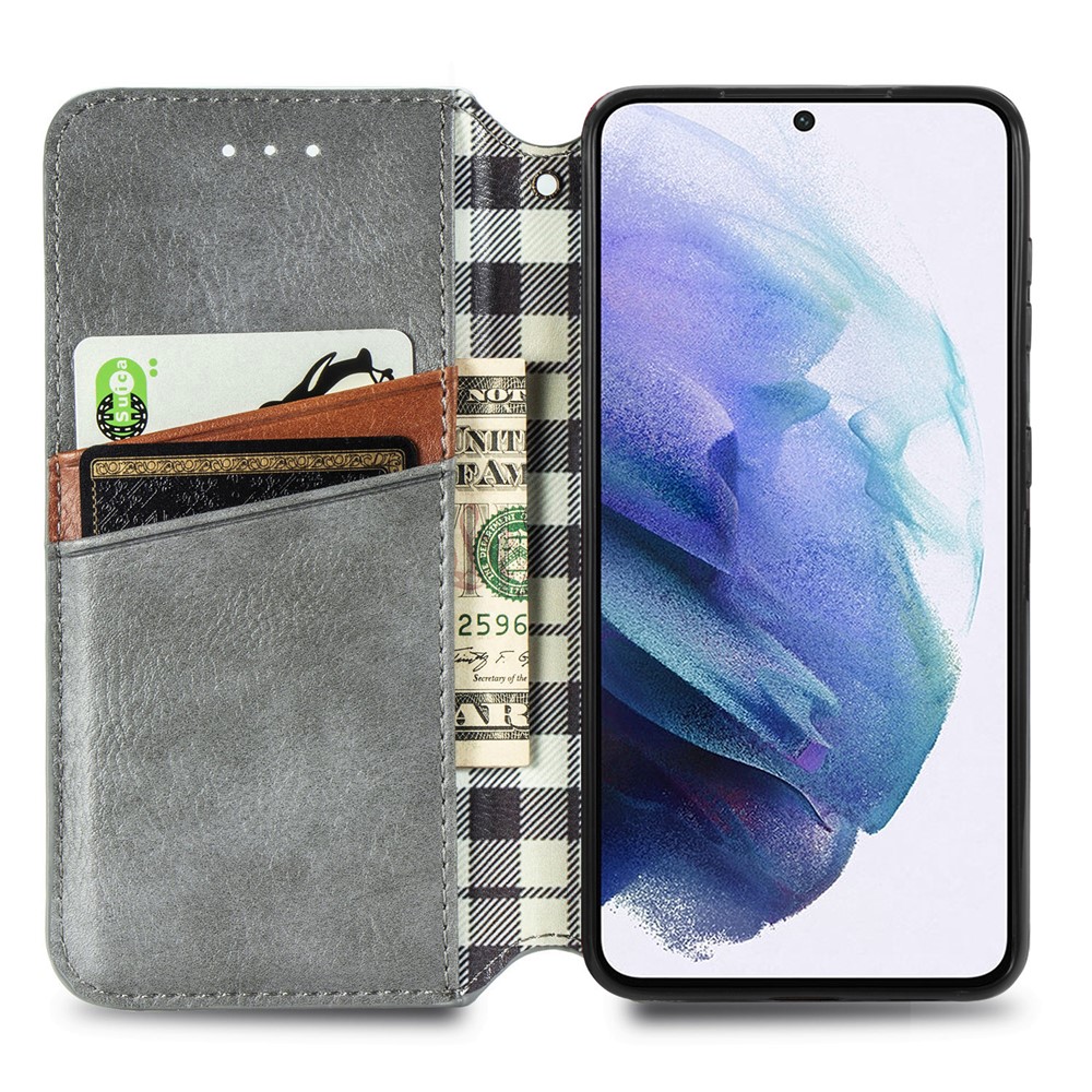 Fashionable Auto-absorbed Rhombus Texture PU Leather Wallet Phone Cover for Samsung Galaxy S21 5G - Grey-2