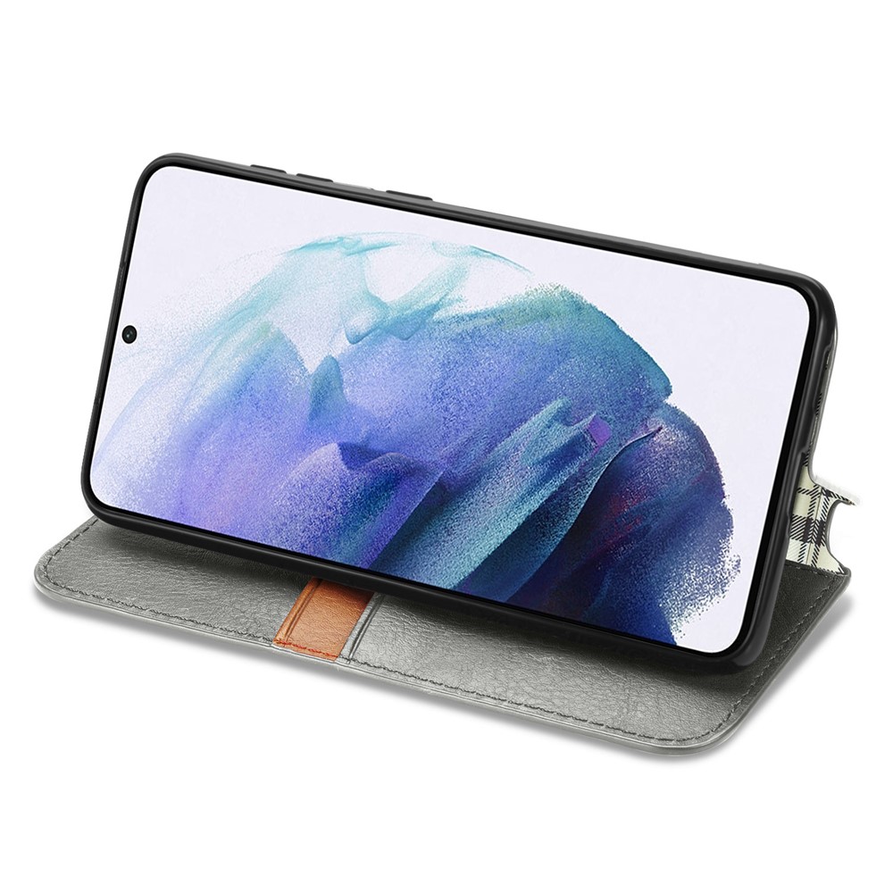 Fashionable Auto-absorbed Rhombus Texture PU Leather Wallet Phone Cover for Samsung Galaxy S21 5G - Grey-4