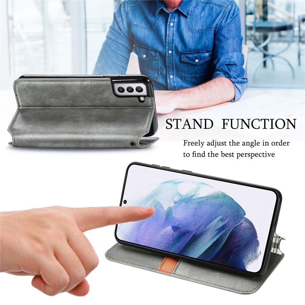 Fashionable Auto-absorbed Rhombus Texture PU Leather Wallet Phone Cover for Samsung Galaxy S21 4G/5G - Grey-5