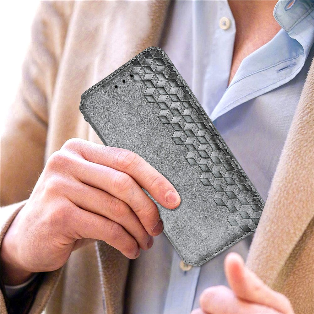 Fashionable Auto-absorbed Rhombus Texture PU Leather Wallet Phone Cover for Samsung Galaxy S21 5G - Grey-9