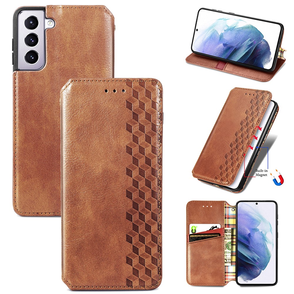 Fashionable Auto-absorbed Rhombus Texture PU Leather Wallet Phone Cover for Samsung Galaxy S21+ 5G - Light Brown-1