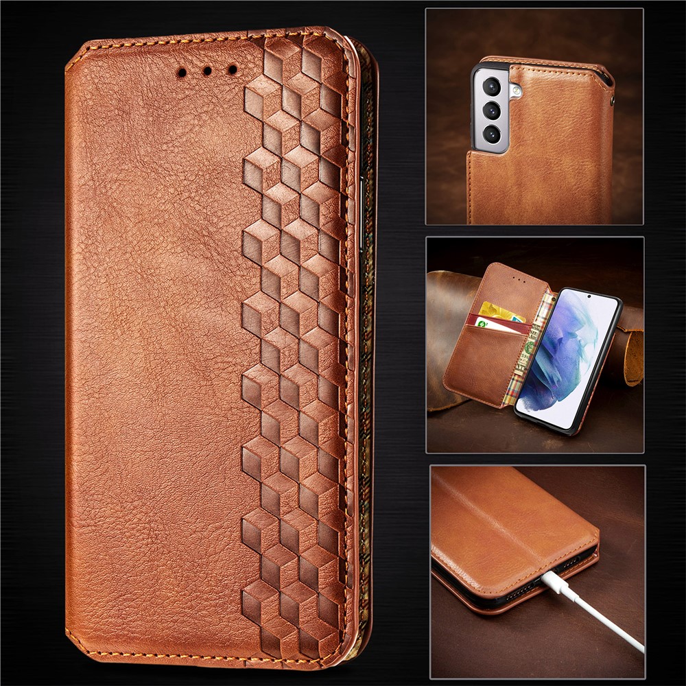 Fashionable Auto-absorbed Rhombus Texture PU Leather Wallet Phone Cover for Samsung Galaxy S21+ 5G - Light Brown-15