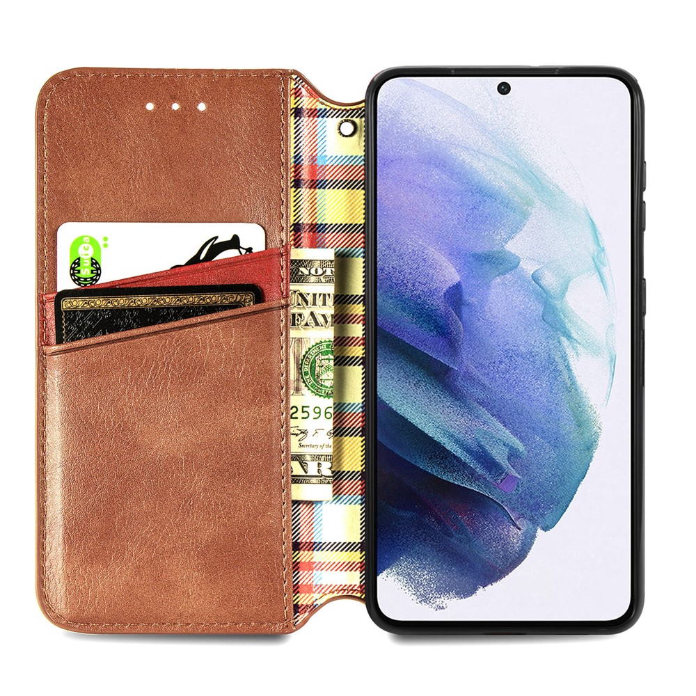 Fashionable Auto-absorbed Rhombus Texture PU Leather Wallet Phone Cover for Samsung Galaxy S21+ 5G - Light Brown-3