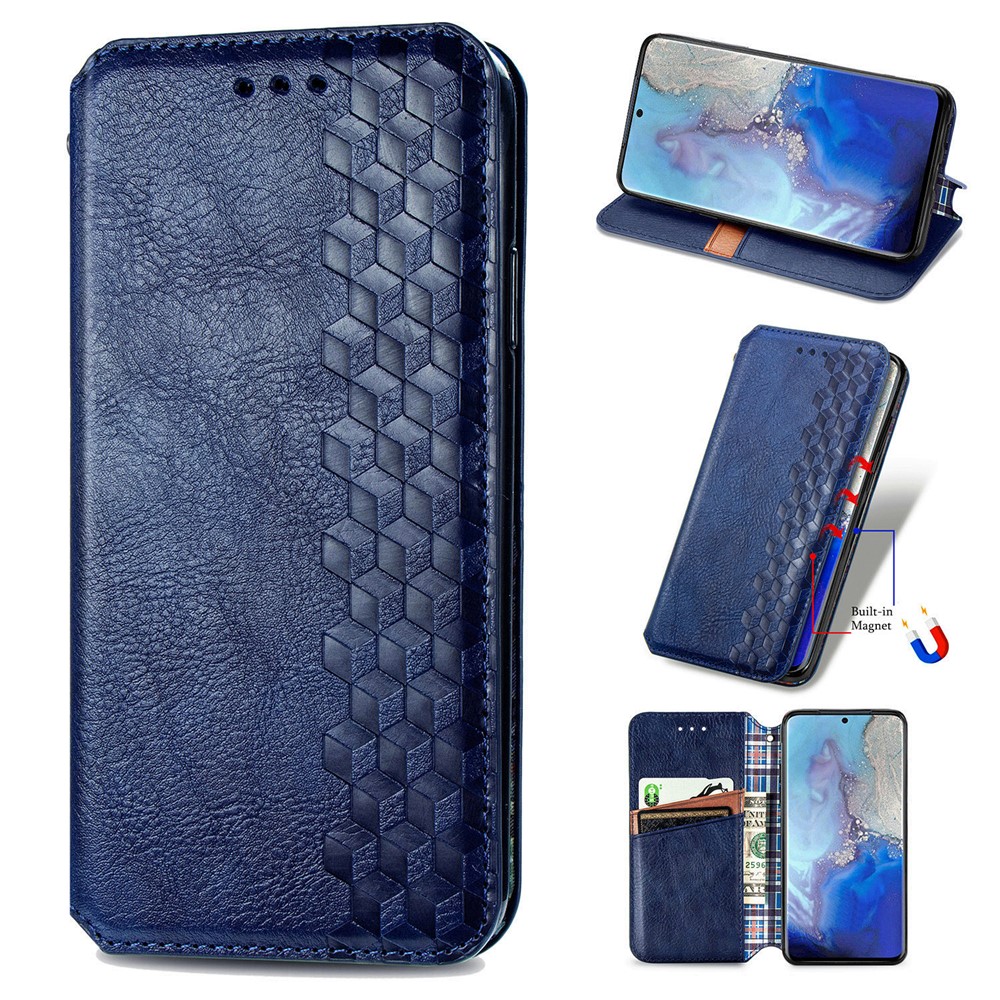 Fashionable Auto-absorbed Rhombus Texture PU Leather Wallet Phone Cover for Samsung Galaxy S20 - Blue-1