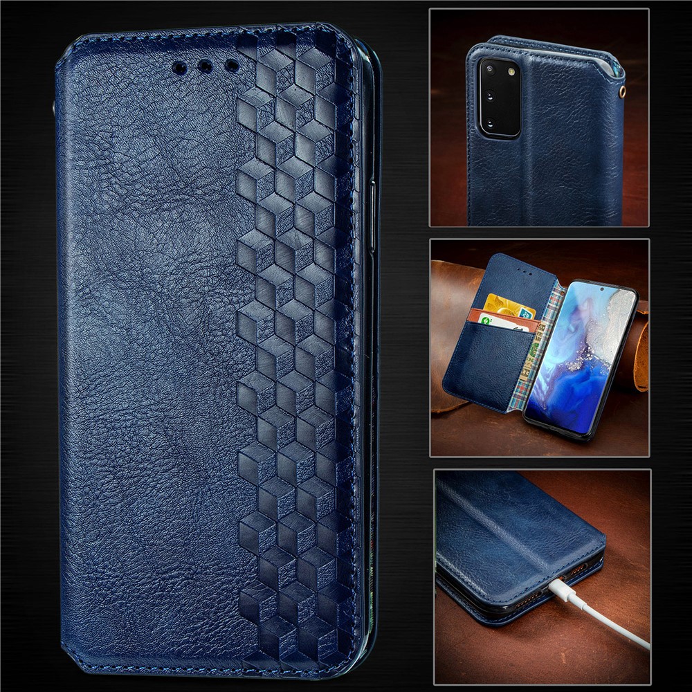 Fashionable Auto-absorbed Rhombus Texture PU Leather Wallet Phone Cover for Samsung Galaxy S20 - Blue-16