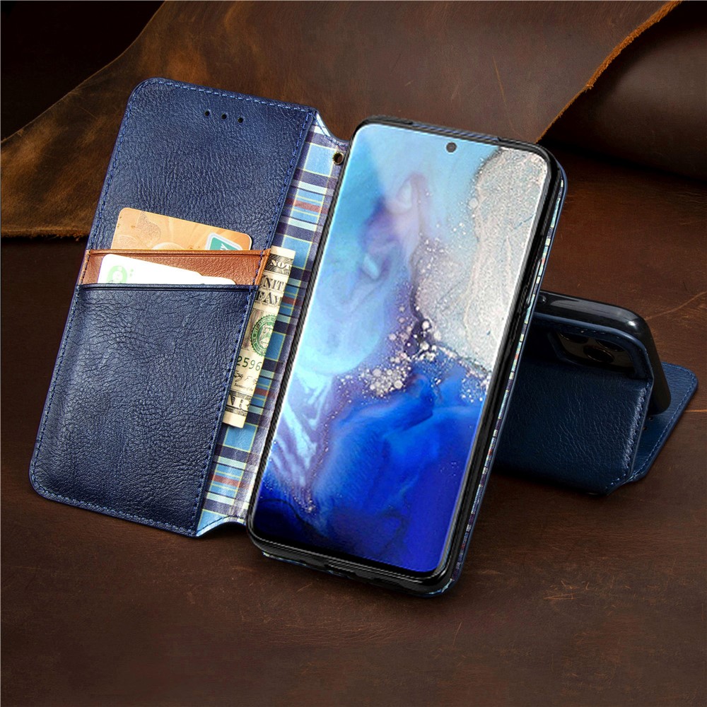 Fashionable Auto-absorbed Rhombus Texture PU Leather Wallet Phone Cover for Samsung Galaxy S20 - Blue-22