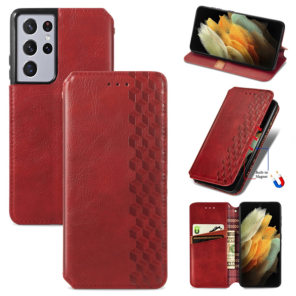 Fashionable Auto-absorbed Rhombus Texture PU Leather Wallet Phone Cover for Samsung Galaxy S21 Ultra 5G - Red-1