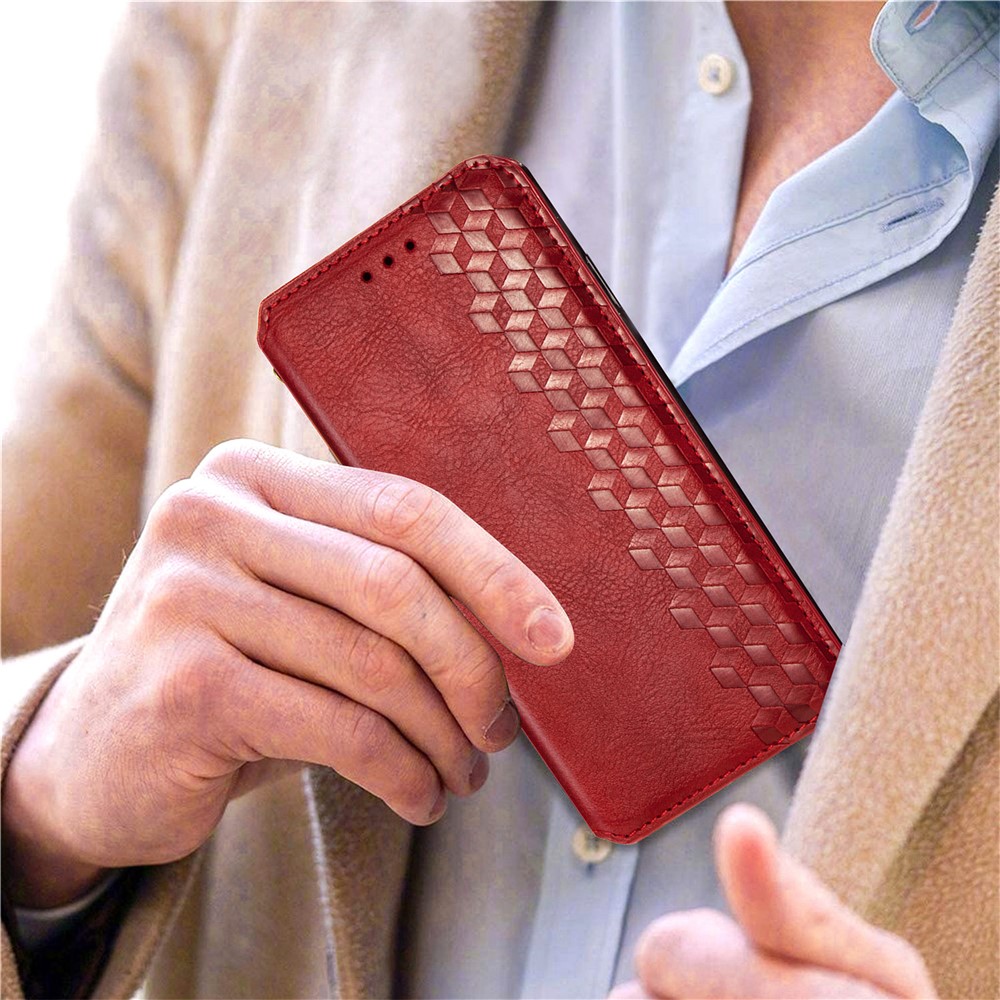 Fashionable Auto-absorbed Rhombus Texture PU Leather Wallet Phone Cover for Samsung Galaxy S21 Ultra 5G - Red-10