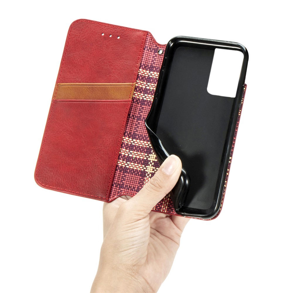 Fashionable Auto-absorbed Rhombus Texture PU Leather Wallet Phone Cover for Samsung Galaxy S21 Ultra 5G - Red-12