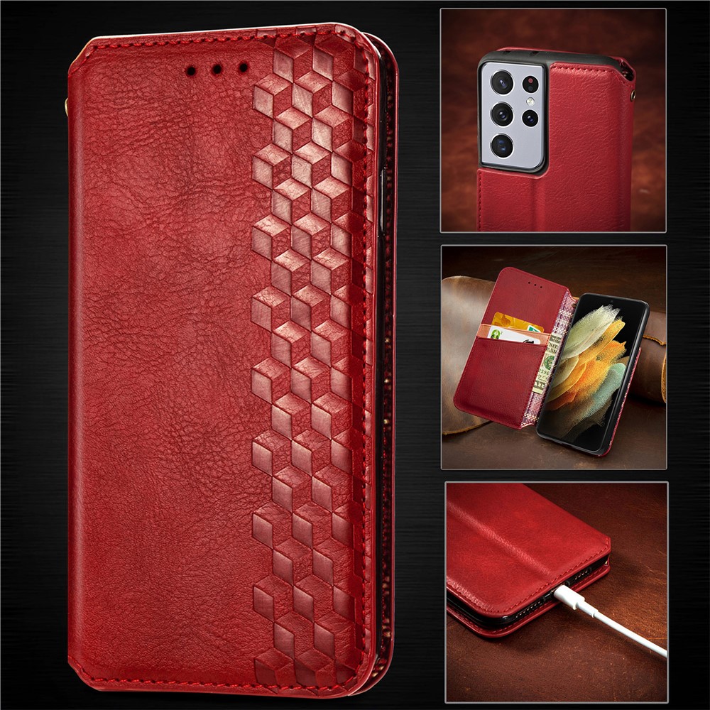 Fashionable Auto-absorbed Rhombus Texture PU Leather Wallet Phone Cover for Samsung Galaxy S21 Ultra 5G - Red-15