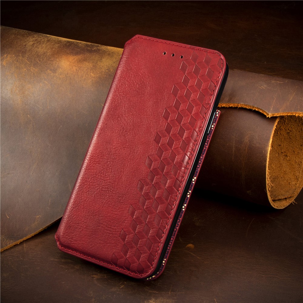 Fashionable Auto-absorbed Rhombus Texture PU Leather Wallet Phone Cover for Samsung Galaxy S21 Ultra 5G - Red-16