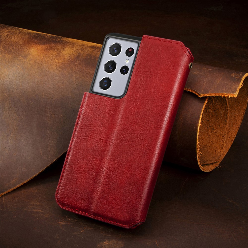 Fashionable Auto-absorbed Rhombus Texture PU Leather Wallet Phone Cover for Samsung Galaxy S21 Ultra 5G - Red-17