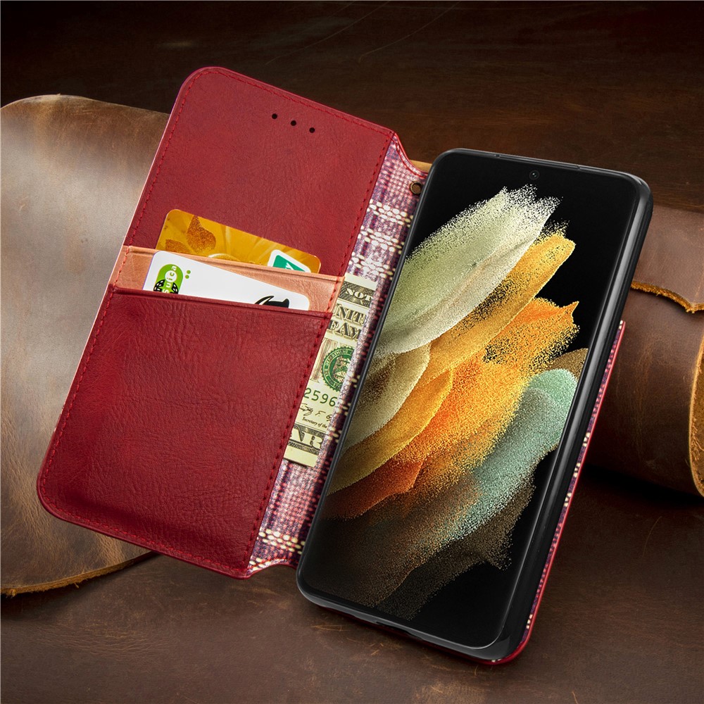Fashionable Auto-absorbed Rhombus Texture PU Leather Wallet Phone Cover for Samsung Galaxy S21 Ultra 5G - Red-18