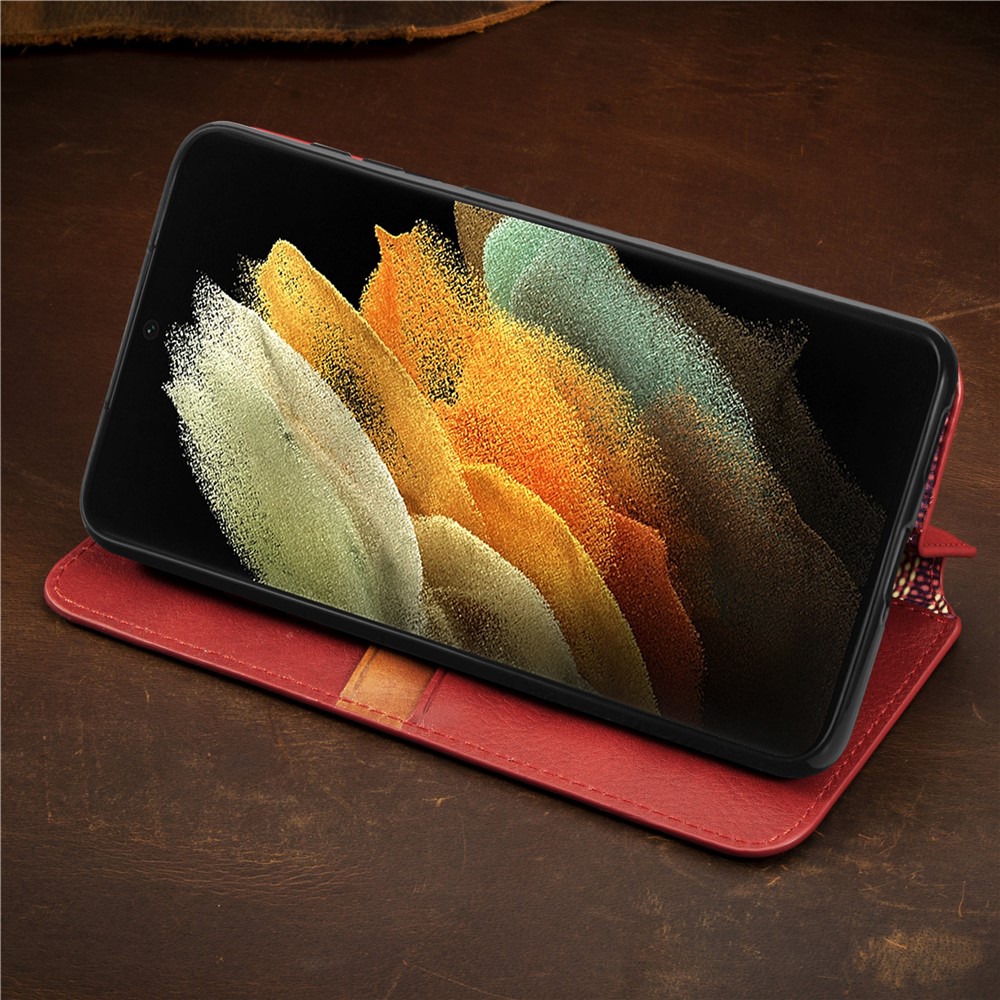 Fashionable Auto-absorbed Rhombus Texture PU Leather Wallet Phone Cover for Samsung Galaxy S21 Ultra 5G - Red-19