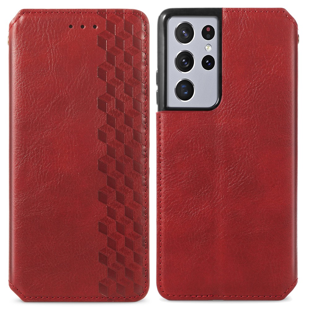 Fashionable Auto-absorbed Rhombus Texture PU Leather Wallet Phone Cover for Samsung Galaxy S21 Ultra 5G - Red-2
