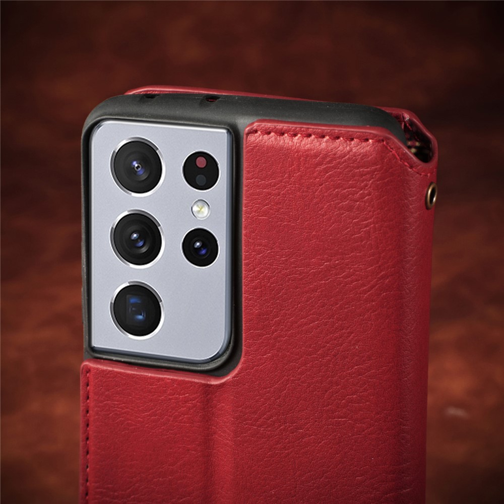 Fashionable Auto-absorbed Rhombus Texture PU Leather Wallet Phone Cover for Samsung Galaxy S21 Ultra 5G - Red-20
