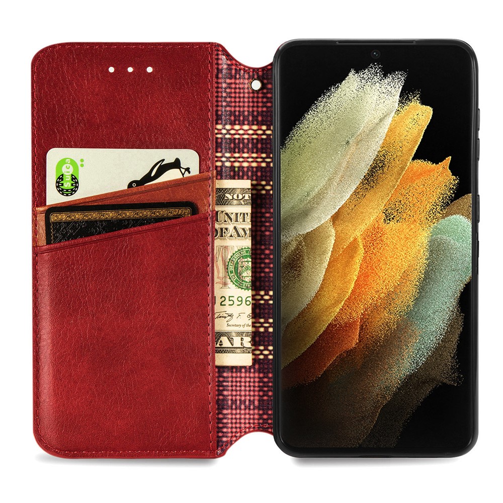 Fashionable Auto-absorbed Rhombus Texture PU Leather Wallet Phone Cover for Samsung Galaxy S21 Ultra 5G - Red-3