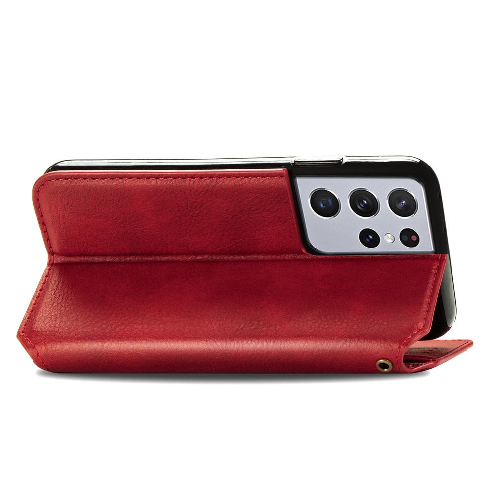 Fashionable Auto-absorbed Rhombus Texture PU Leather Wallet Phone Cover for Samsung Galaxy S21 Ultra 5G - Red-4
