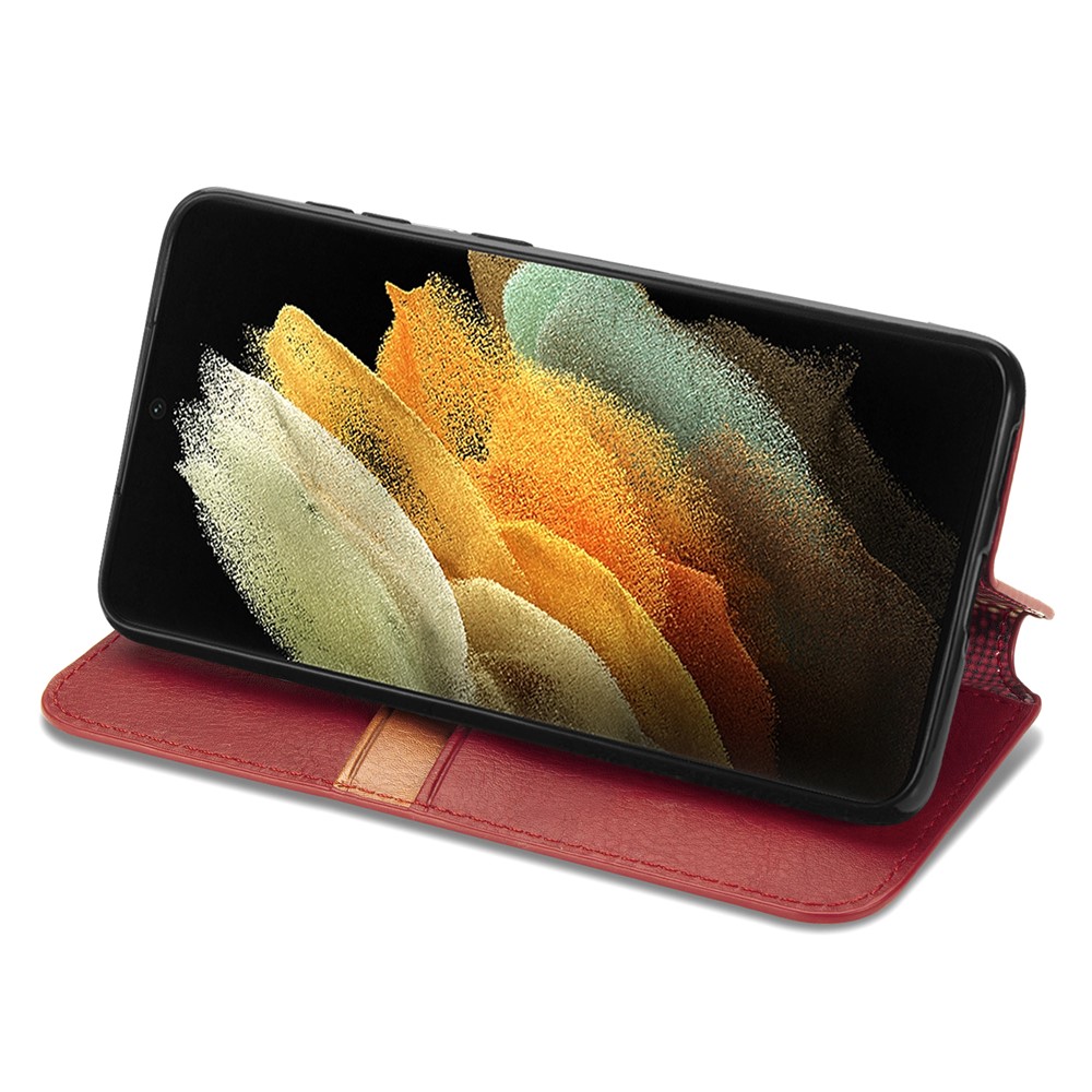 Fashionable Auto-absorbed Rhombus Texture PU Leather Wallet Phone Cover for Samsung Galaxy S21 Ultra 5G - Red-5