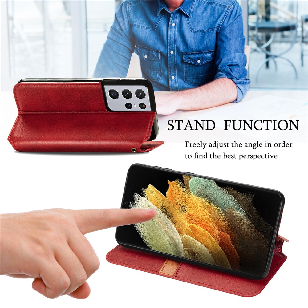 Fashionable Auto-absorbed Rhombus Texture PU Leather Wallet Phone Cover for Samsung Galaxy S21 Ultra 5G - Red-6