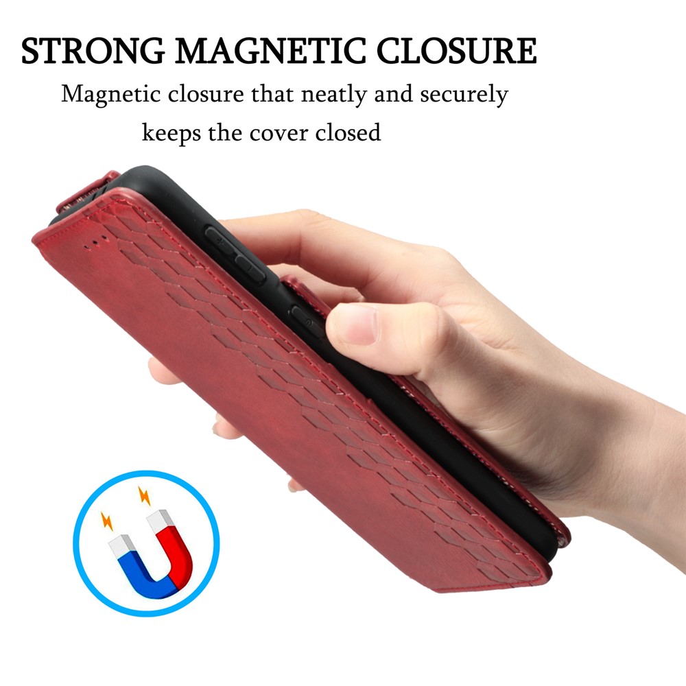 Fashionable Auto-absorbed Rhombus Texture PU Leather Wallet Phone Cover for Samsung Galaxy S21 Ultra 5G - Red-7