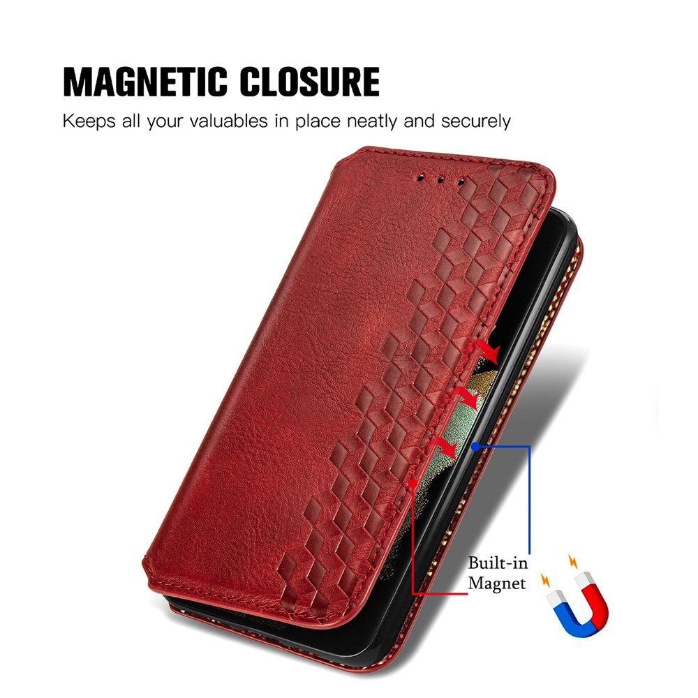 Fashionable Auto-absorbed Rhombus Texture PU Leather Wallet Phone Cover for Samsung Galaxy S21 Ultra 5G - Red-8