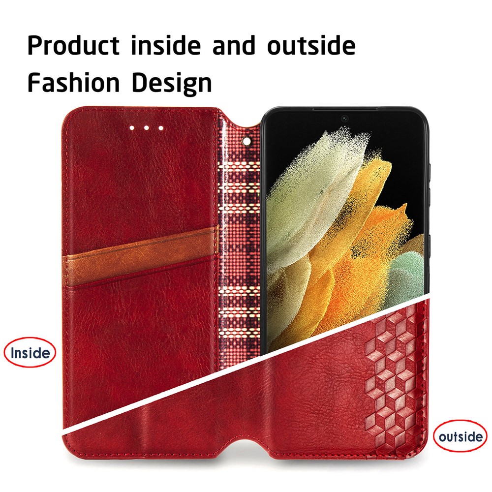 Fashionable Auto-absorbed Rhombus Texture PU Leather Wallet Phone Cover for Samsung Galaxy S21 Ultra 5G - Red-9
